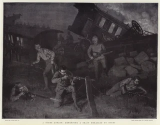 En nattattack, försvarar ett tåg som spårats ur av boer